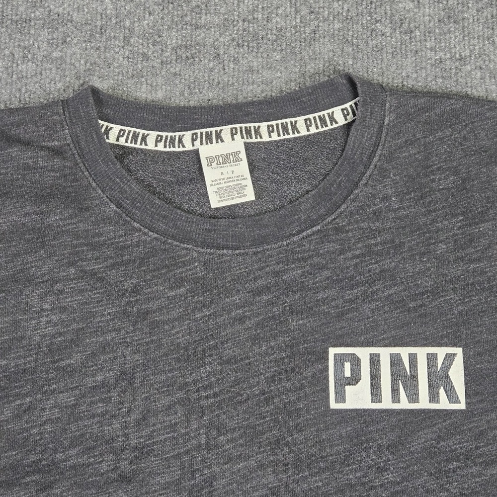 PINK Sweatshirt Women Small Campus Varsity Pullover Gray Neon Mesh Logo Graphic - Picture 3 of 11